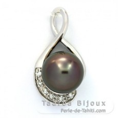 Rhodiated Sterling Silver Pendant and 1 Tahitian Pearl Round C 11 mm