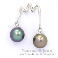 Rhodiated Sterling Silver Pendant and 2 Tahitian Pearls Round C 9.2 mm