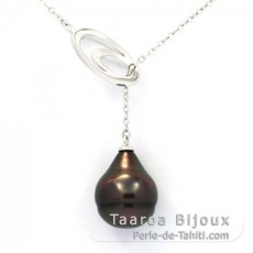 Rhodiated Sterling Silver Necklace and 1 Tahitian Pearl Ringed B 10.7 mm