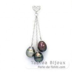 Rhodiated Sterling Silver Pendant and 3 Tahitian Pearls Ringed B 8.3 to 8.9 mm