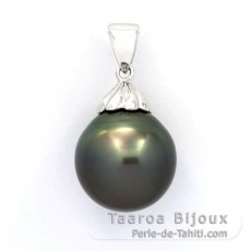 Rhodiated Sterling Silver Pendant and 1 Tahitian Pearl Semi-Baroque C 13.6 mm