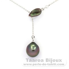 Rhodiated Sterling Silver Necklace and 1 Tahitian Pearl Semi-Baroque A 9.4 mm