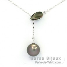 Rhodiated Sterling Silver Necklace and 1 Tahitian Pearl Round B 9.3 mm