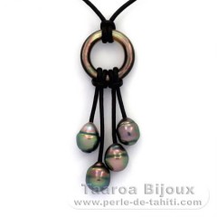 Leather Necklace and 4 Tahitian Pearls Ringed B 8.2 to 9 mm