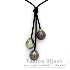 Leather Necklace and 3 Tahitian Pearls Ringed C 10.7 mm