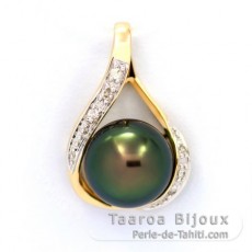 14K Solid Gold + 6 diamonds 0.04 carats VS1 and 1 Tahitian Pearl Round B+ 9.3 mm