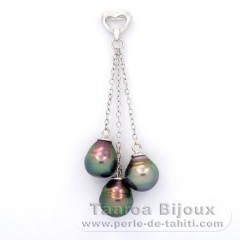 Rhodiated Sterling Silver Pendant and 3 Tahitian Pearls Ringed B 8.7 to 9 mm