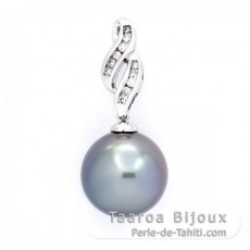 14K Solid White Gold Pendant + 11 Diamonds and 1 Tahitian Pearl Round B/C 13 mm