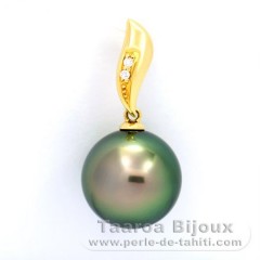 18K solid Gold Pendant + 2 diamonds 0.018 carats VS1 and 1 Tahitian Pearl Round B 12.6 mm