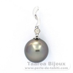 Gold 14k Pendant + 1 diamond 0.01 carat VS1 and 1 Tahitian Pearl Round A 9.6 mm
