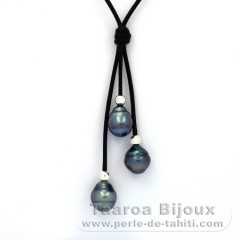 Leather Necklace and 3 Tahitian Pearls Ringed B+ 9 à 9.6 mm
