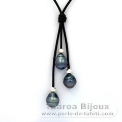 Leather Necklace and 3 Tahitian Pearls Ringed B+ 9  9.6 mm