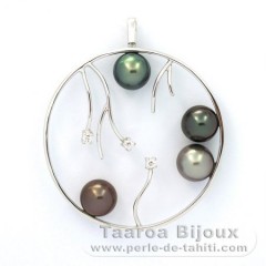 Rhodiated Sterling Silver Pendant and 4 Tahitian Pearls Round C  8.2 to 8.3 mm