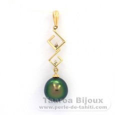 14K solid Gold Pendant + 2 Diamonds 0.02 carats VS1 and 1 Tahitian Pearl Semi-Baroque B+ 9.8 mm