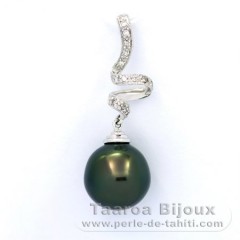 14K solid White Gold Pendant + 13 Diamonds and 1 Tahitian Pearl Semi-Baroque B 11.8 mm