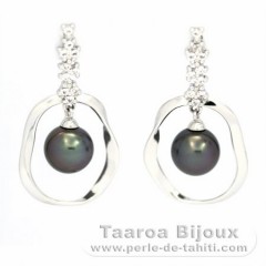 Rhodiated Sterling Silver Earrings and 2 Tahitian Pearls Round C 8.6 mm