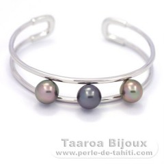 Rhodiated Sterling Silver Bracelet and 3 Tahitian Pearls Semi-Round B 9 mm