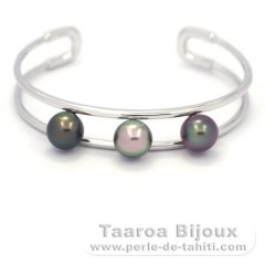 Rhodiated Sterling Silver Bracelet and 3 Tahitian Pearls Semi-Round B 9.1 to 9.4 mm