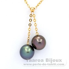 18K solid Gold Chain and 2 Tahitian Pearls Near-Round 1 A, 1 B, 9.5 & 9.6 mm