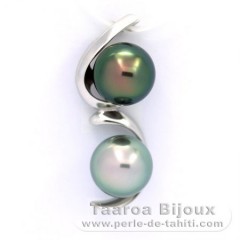 Rhodiated Sterling Silver Pendant and 2 Tahitian Pearls Semi-Baroque B 10 mm