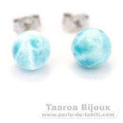 Rhodiated Sterling Silver Earrings and 2 Larimars - 8 mm - 1.5 gr