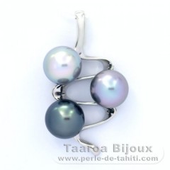 Rhodiated Sterling Silver Pendant and 3 Tahitian Pearls Near-Round C 9.4 to 9.6 mm
