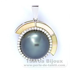 Rhodiated Sterling Silver Pendant and 1 Tahitian Pearl Round C 12.6 mm