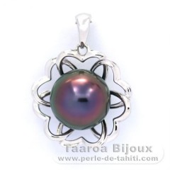 Rhodiated Sterling Silver Pendant and 1 Tahitian Pearl Semi-Baroque B 10.5 mm