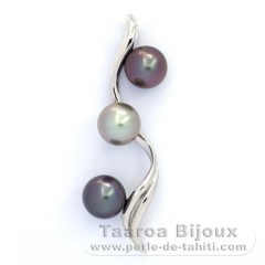 Rhodiated Sterling Silver Pendant and 3 Tahitian Pearls Round B/C 9.7 to 9.8 mm