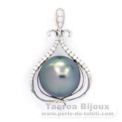 Rhodiated Sterling Silver Pendant and 1 Tahitian Pearl Round B/C 11 mm