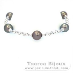 Rhodiated Sterling Silver Bracelet and 5 Tahitian Pearls Round C  9 to 9.1 mm