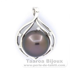 Rhodiated Sterling Silver Pendant and 1 Tahitian Pearl Round C 12.7 mm