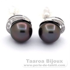 Rhodiated Sterling Silver Earrings and 2 Tahitian Pearls Round C 8.9 mm