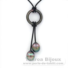 Leather Necklace and 2 Tahitian Pearls Ringed C+ 10.3 mm