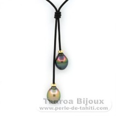 Leather Necklace and 2 Tahitian Pearls Ringed B 10.8 mm