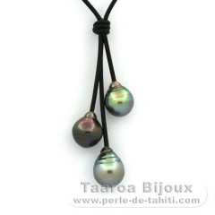 Leather Necklace and 3 Tahitian Pearls Ringed B 10.1 to 10.7 mm