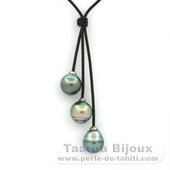 Leather Necklace and 3 Tahitian Pearls Ringed B/C 11.3 to 11.8 mm