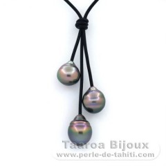 Leather Necklace and 3 Tahitian Pearls Ringed B/C 11 to 11.4 mm