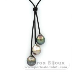 Leather Necklace and 3 Tahitian Pearls Ringed C from 11.5 to 11.9 mm