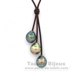 Leather Necklace and 3 Tahitian Pearls Ringed C 11 to 11.6 mm