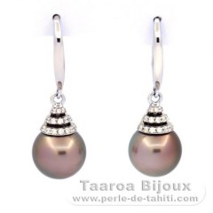 Rhodiated Sterling Silver Earrings and 2 Tahitian Pearls Round B/C 9.8 mm