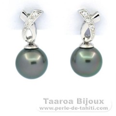 Rhodiated Sterling Silver Earrings and 2 Tahitian Pearls Near-Round B 8.2 mm