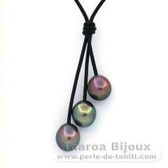 Leather Necklace and 3 Tahitian Pearls Semi-Baroque B/C from 10.1 to 10.3 mm