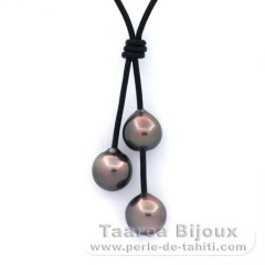 Leather Necklace and 3 Tahitian Pearls Semi-Baroque BC from 10 to 10.4 mm