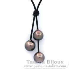 Leather Necklace and 3 Tahitian Pearls Semi-Baroque B/C from 10 to 10.4 mm