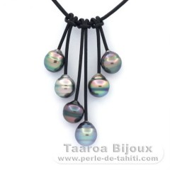 Leather Necklace and 6 Tahitian Pearls Ringed B/C 10 to 10.5 mm
