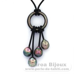 Leather Necklace and 4 Tahitian Pearls Ringed B/C 8.4 to 8.9 mm