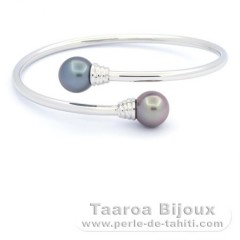 Rhodiated Sterling Silver Bracelet and 2 Tahitian Pearls Round C 10.3 mm