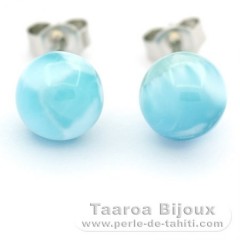Rhodiated Sterling Silver Earrings and 2 Larimars - 8.1 mm - 1.6 gr