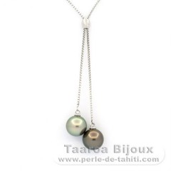Rhodiated Sterling Silver Necklace and 2 Tahitian Pearls Round B/C 8.7 and 8.9 mm